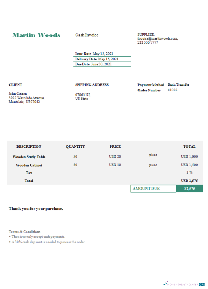 Download USA Martin Woods invoice Photoshop template
